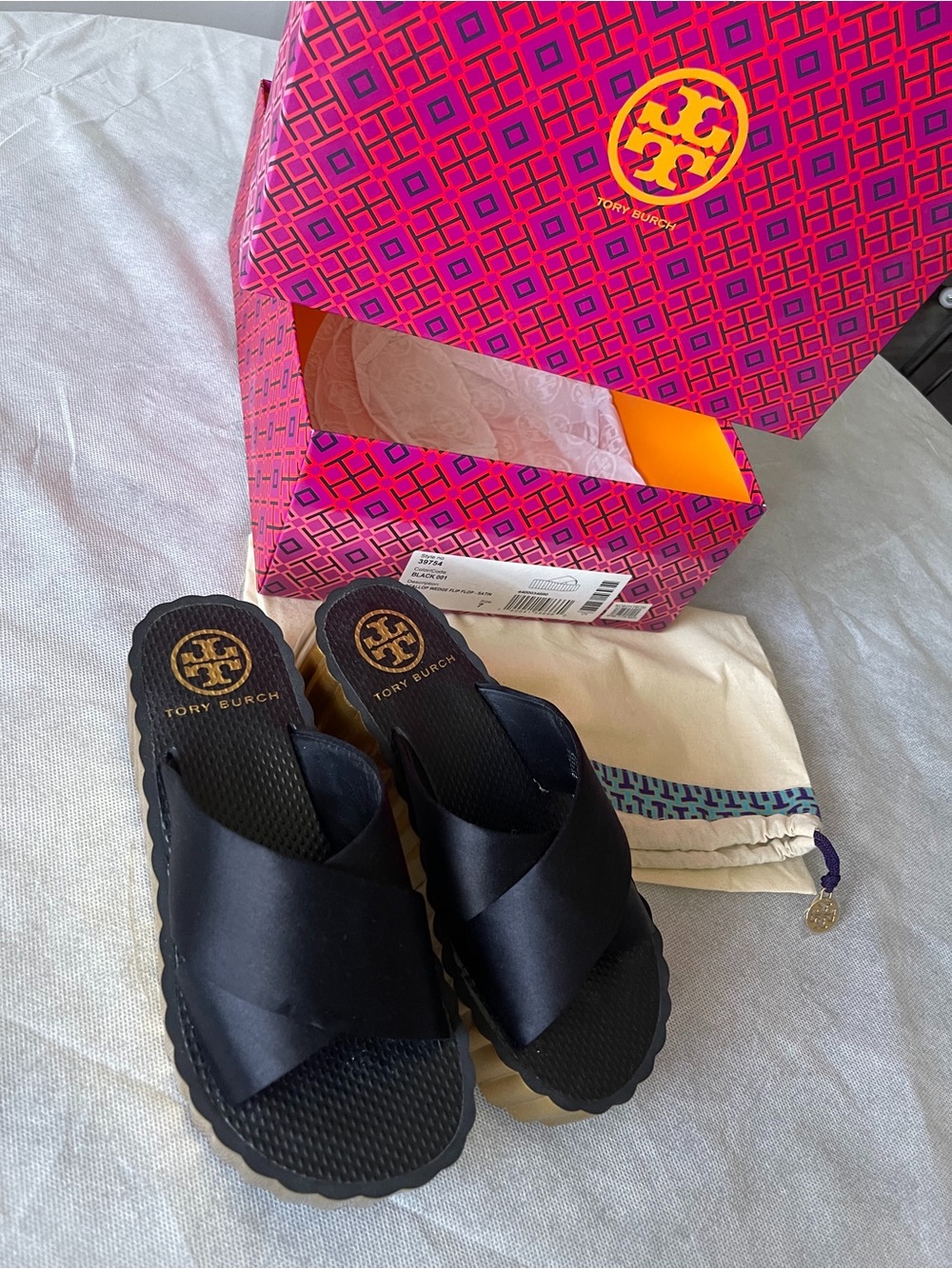 Tory Burch Black Satin Scallop Wedge Platform Cross-Strap Slide Sandals - Picture 7 of 14